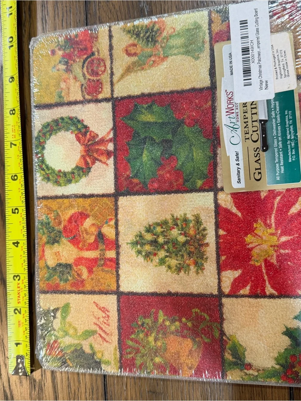 Holiday Glass Cutting Board - Red, Green & Cream Festive Patchwork